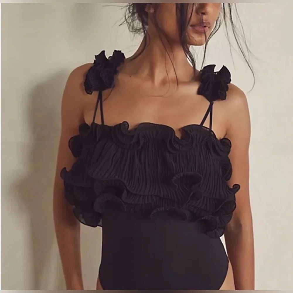 New Free People For the Frill of It Bodysuit Black Medium